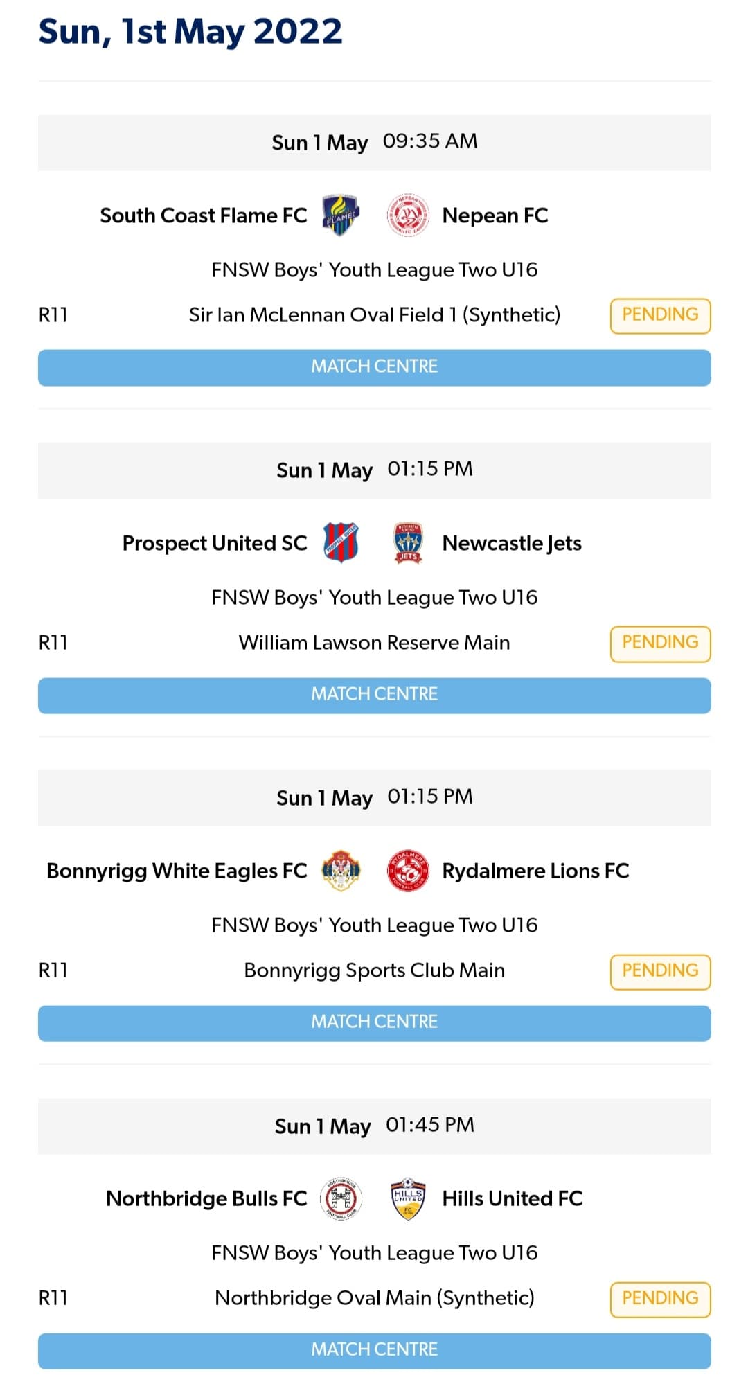 Sundays fixtures
